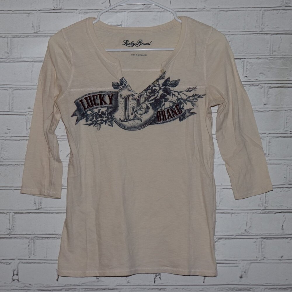🤍✨ Lucky Brand Cream 3/4‑Sleeve Logo Tee · Size XS